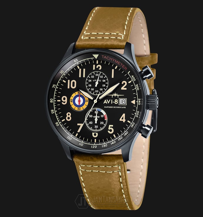 AVI-8 Man Hawker Hurricane Watch Black Dial Mustard Leather Strap AV-4011-06