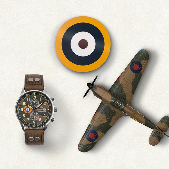 AVI-8 Man Hawker Hurricane Watch Camouflage Dial Brown Leather Strap AV-4011-09