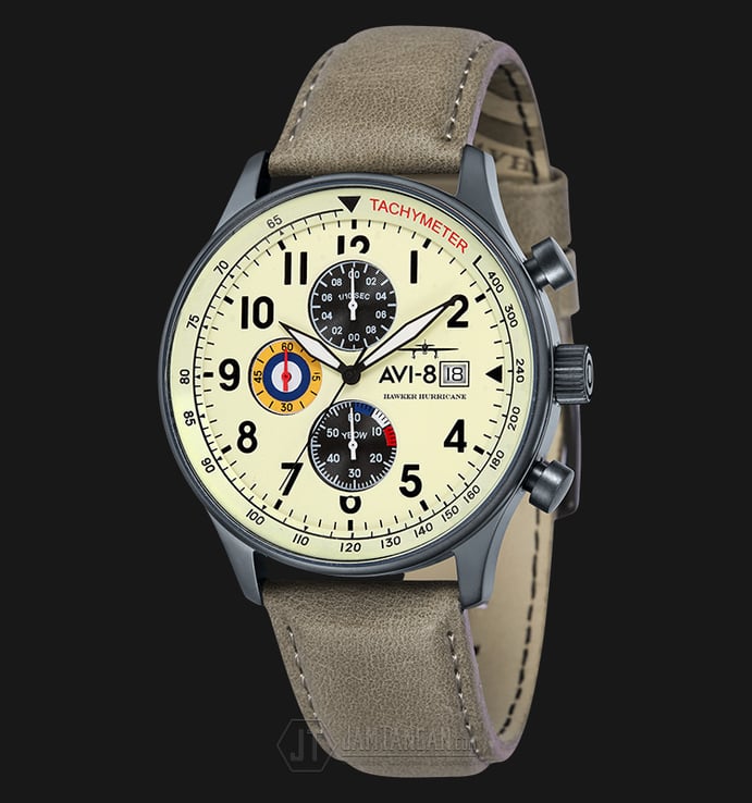 AVI-8 Man Hawker Hurricane Watch Cream Dial Beige Leather Strap AV-4011-0C
