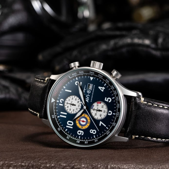 AVI-8 Hawker Hurricane AV-4011-0I Classic Chronograph Midnight Black Blue Dial Black Leather Strap