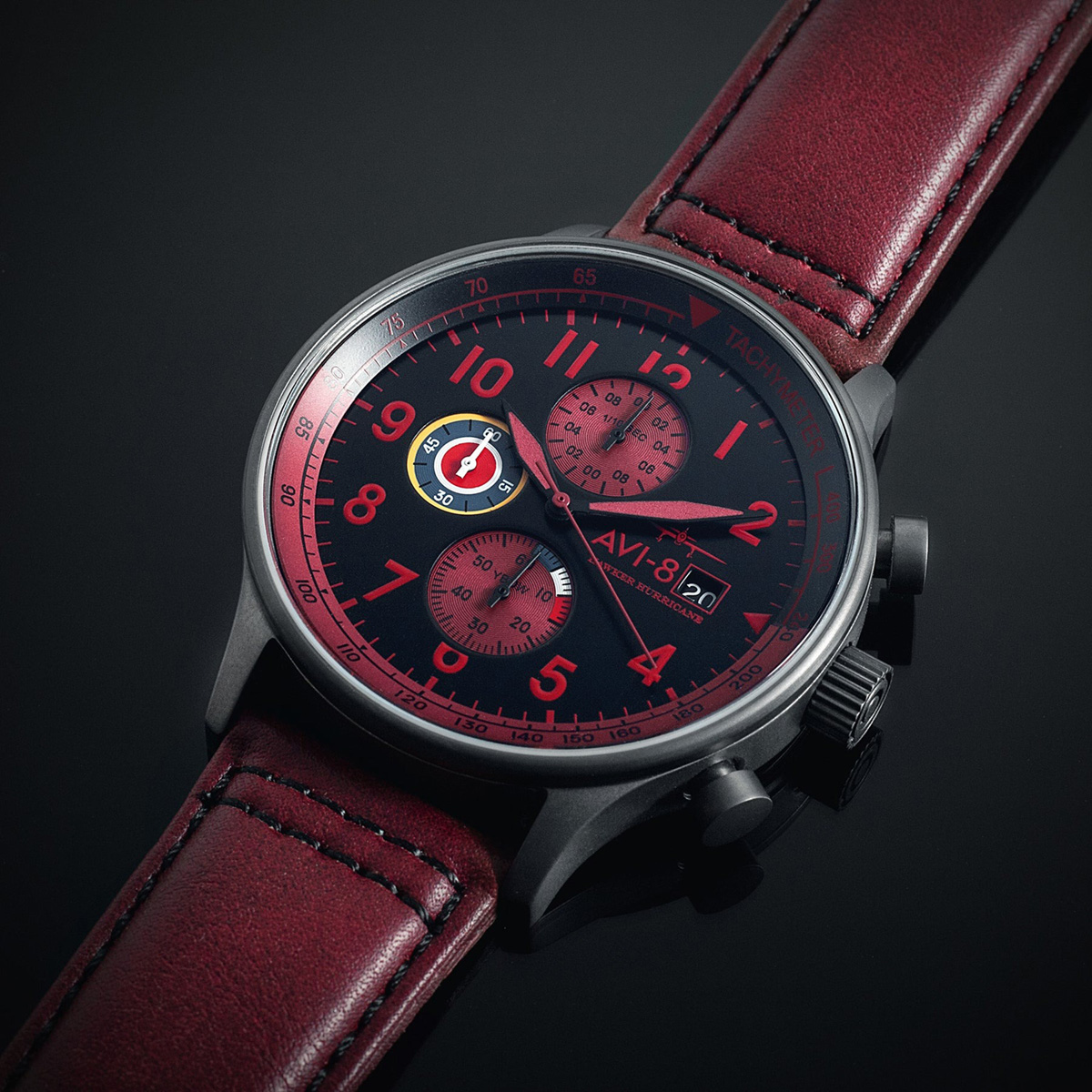 AVI-8 Hawker Hurricane AV-4011-0S Classic Chronograph Blood Red Dial Red Leather Strap