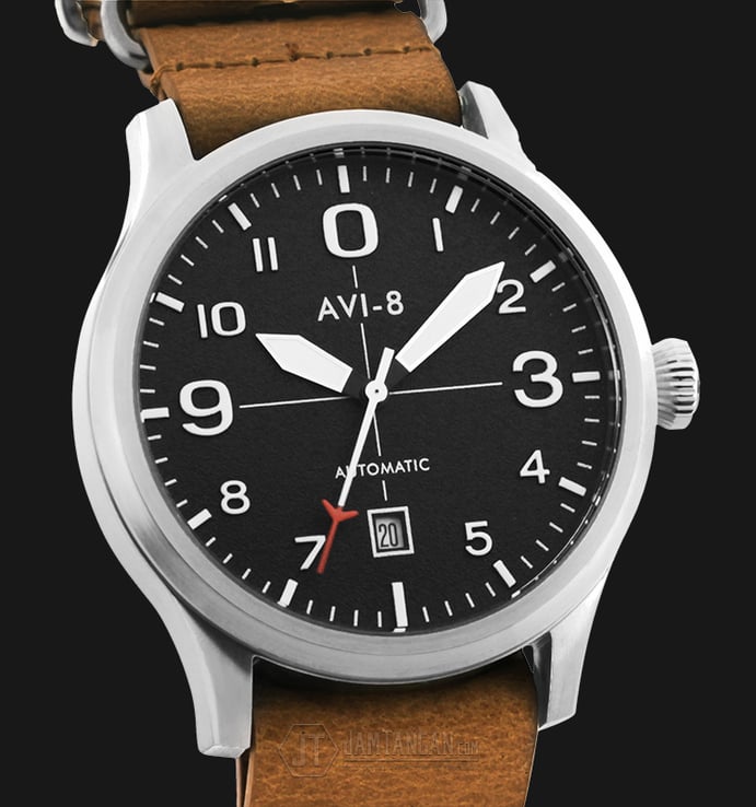 AVI-8 Man Flyboy Automatic Watch Black Dial Tan Leather Strap AV-4021-01