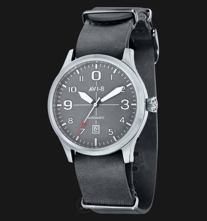 AVI-8 Man Flyboy Automatic Watch Grey Dial Grey Leather Strap AV-4021-0B