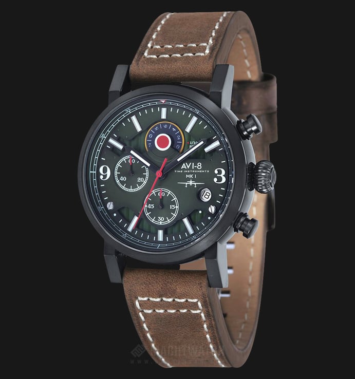 AVI-8 Man Hawker Hurricane Watch Green Dial Brown Leather Strap AV-4041-04