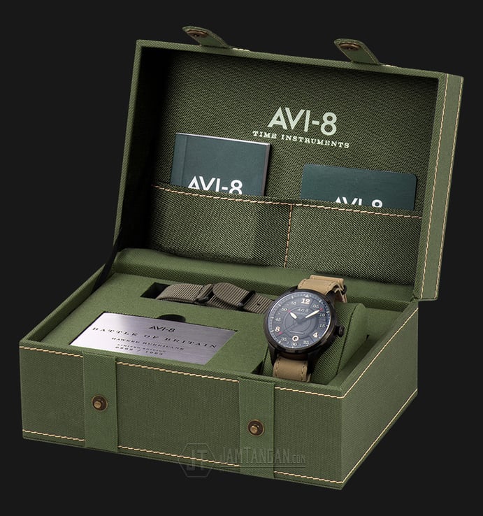 AVI-8 Man Hawker Hurricane Watch Black Dial Beige Leather Strap AV-4046-03