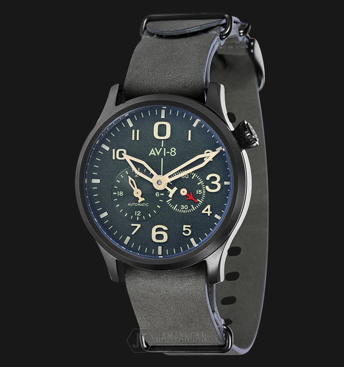 AVI-8 Man Flyboy Automatic Watch Green Dial Army Green Leather Strapl AV-4048-03
