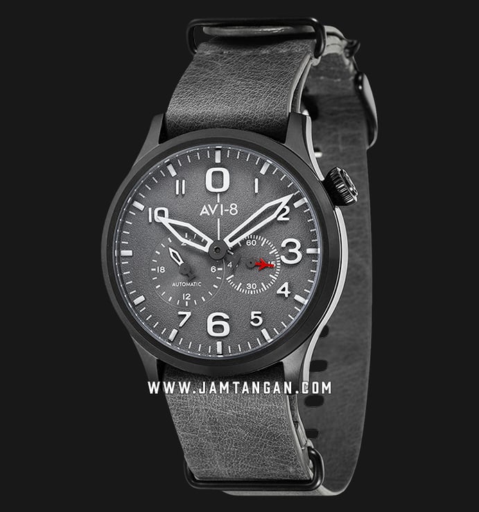AVI-8 Man Flyboy Automatic Watch Grey Dial Grey Leather Strap AV-4048-04