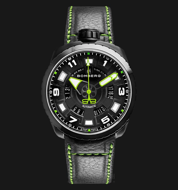Bomberg Bolt-68 Black and Green BS45APBA.045-3.3 Automatic Black Dial Black Leather Strap