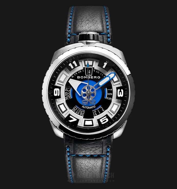 Bomberg Bolt-68 Steel&Blue Sapphire BS45ASS.045-1.3 Automatic Black Dial Black Leather Strap