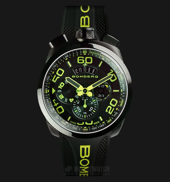 Bomberg Bolt-68 Neon Green BS45CHPBA.028.3 Chronograph Black Dial Black Rubber Strap