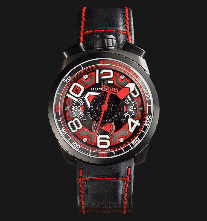 Bomberg Bolt-68 Black&Red Auto Chronograph BS47CHAPBA.041-1.3 Dual Color Dial Black Leather Strap