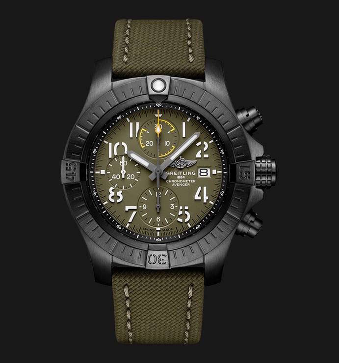 Breitling Avenger V13317101L1X2 Chronometer Automatic 45 Khaki Green Calfskin Leather Strap