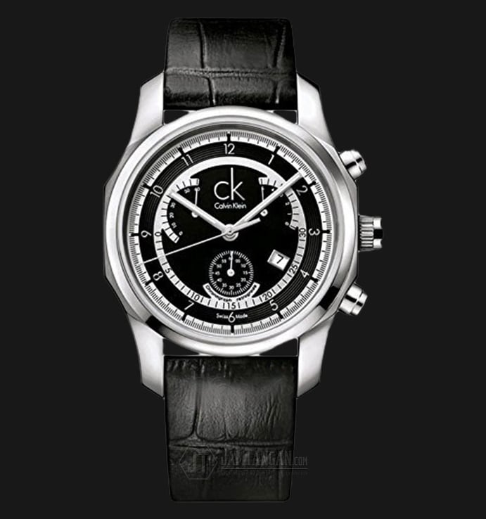 Calvin Klein K7731102 Biz Chronograph Black Dial Black Leather Strap Watch