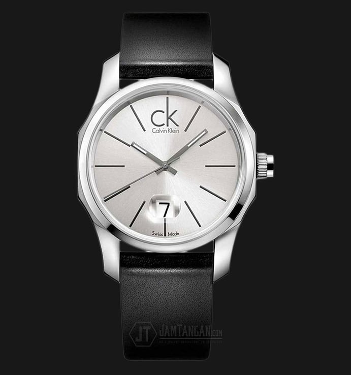 Calvin Klein K7741141 Biz Silver Dial Black Leather Strap Watch