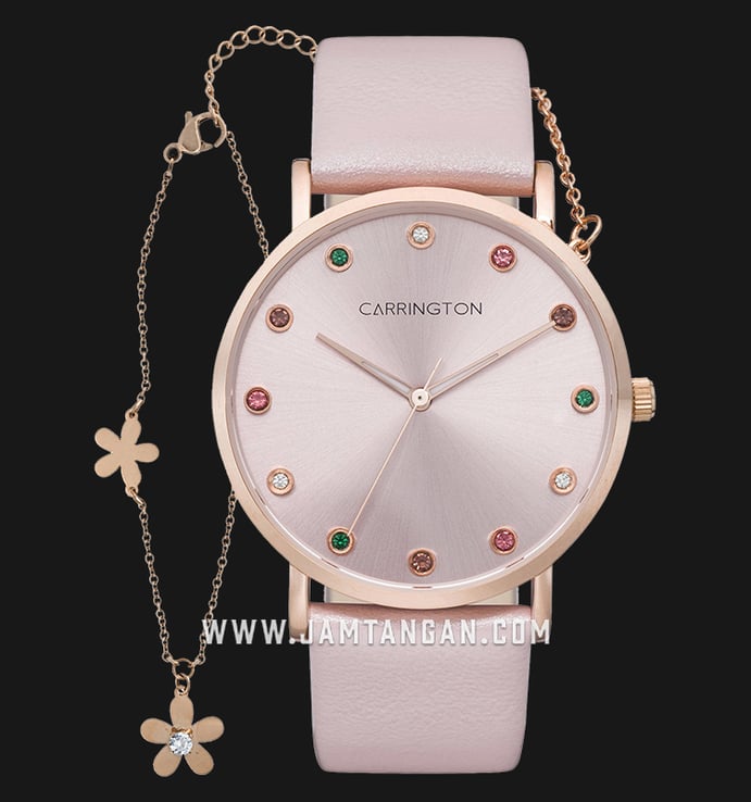 Carrington CT-2010-03-SET3 Pink Sunray Dial Pink Leather Strap + Bracelet