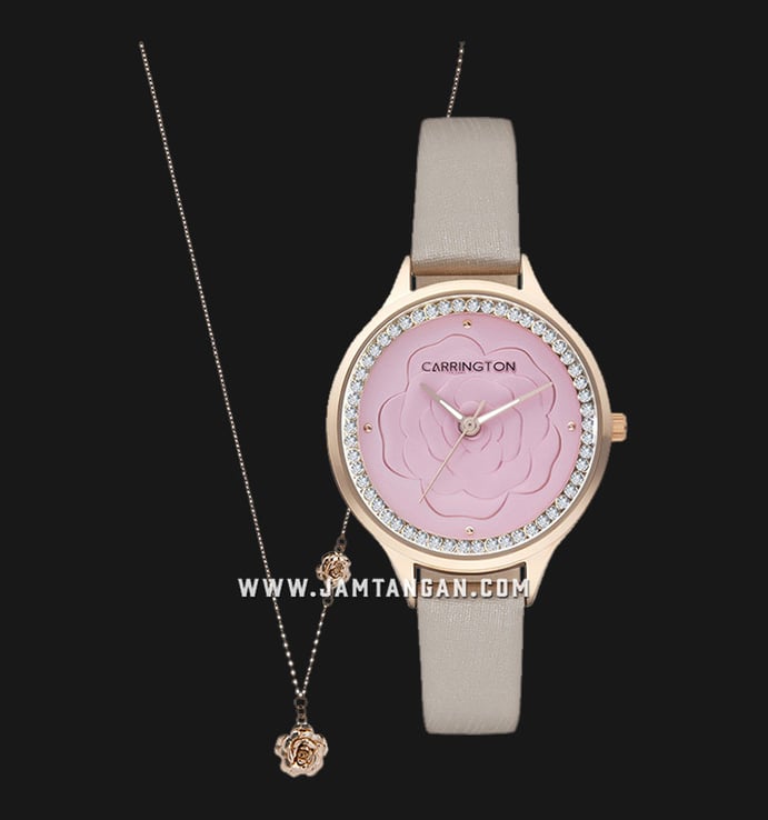 Carrington CT-2015-04-SET4 Pink Floral Pattern Dial Taupe Satin Strap + Necklace