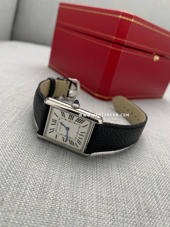 Cartier Tank Must WSTA0041 Ladies Silver Dial Black Grained Calfskin Leather Strap