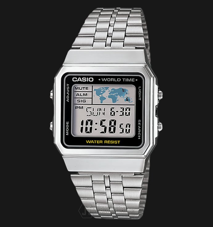 Casio General A500WA-1DF World Time Digital Dial Stainless Steel Band