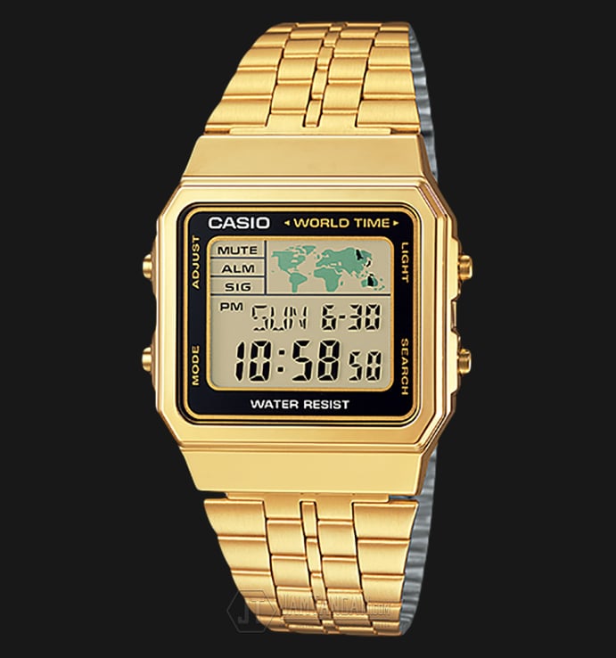 Casio General A500WGA-1DF World Time Digital Dial Gold Tone Stainless Steel Band