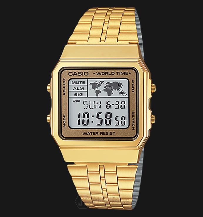 Casio General A500WGA-9DF World Time Digital Dial Gold Stainless Steel Band