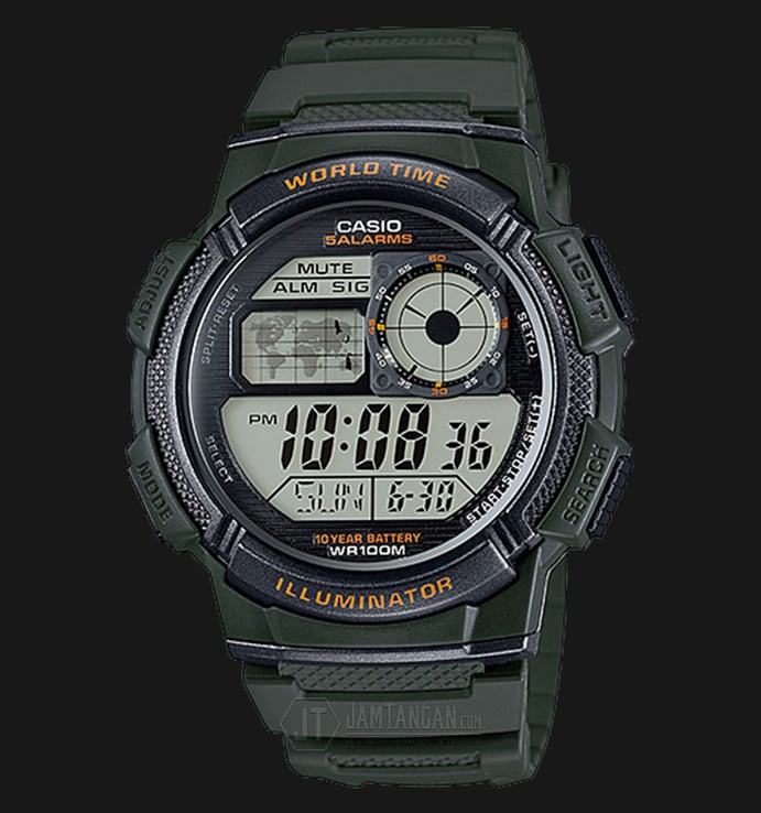 Casio General AE-1000W-3AVDF 10 Year Battery Water Resistance 100M Green Resin Band