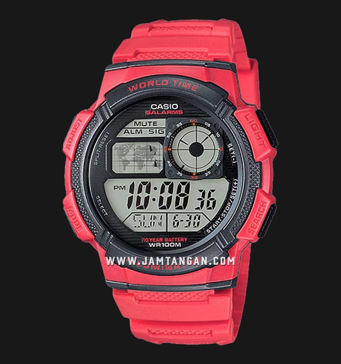 Casio General AE-1000W-4AVDF 10 Year Battery Life Digital Dial Red Resin Band