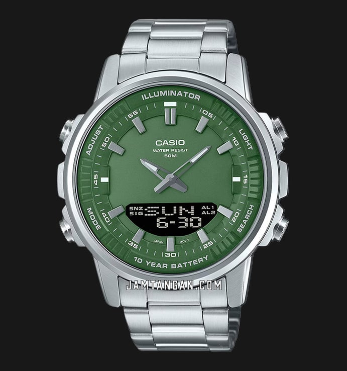Casio General AMW-880D-3AVDF Digital Analog Green Dial Stainless Steel Band