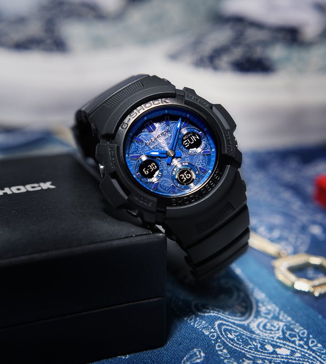Casio G-Shock AWG-M100SBP-1AJF Blue Paisley Pattern Tough Solar Digital Analog Dial Black Resin Band