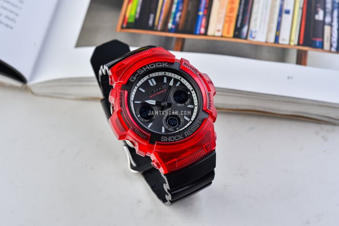 Casio G-Shock AWG-M100SRB-4AJF Red Black and White RB Series Multiband 6 Black Dial Black Resin Band