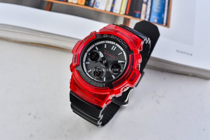 Casio G-Shock AWG-M100SRB-4AJF Red Black and White RB Series Multiband 6 Black Dial Black Resin Band