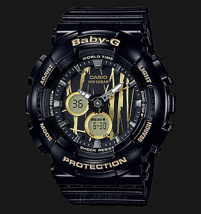 Casio Baby-G BA-120SP-1ADR Gold Scratch Pattern Digital Analog Dial Black Resin Band