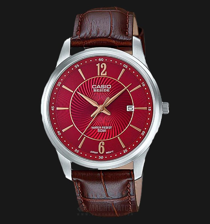 Casio General BEM-151L-4AVDF Beside Classic Red Dial Brown Leather Band