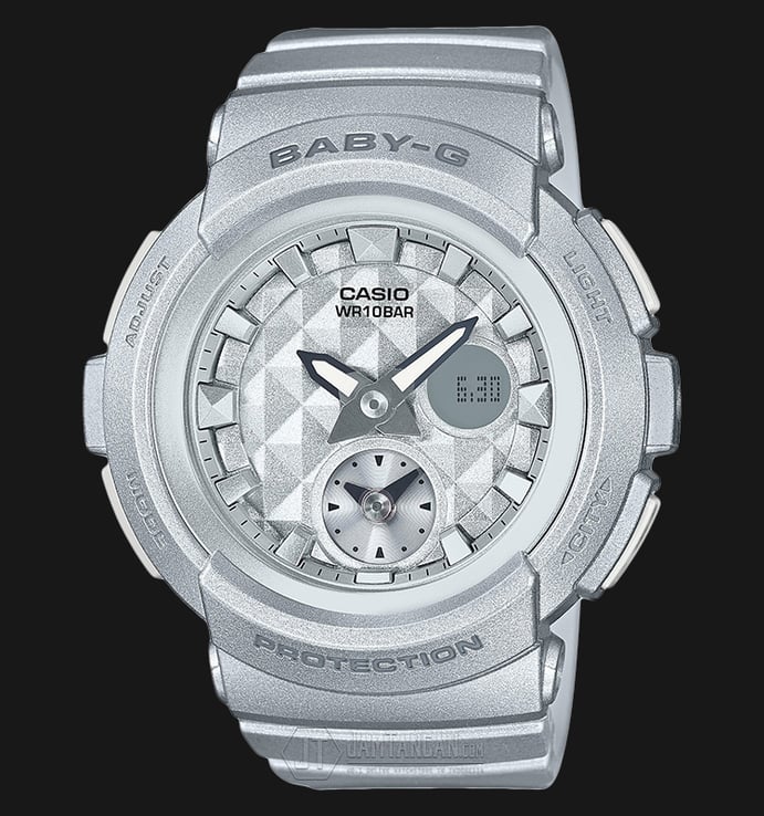 Casio Baby-G BGA-195-8ADR Punk Style Studs Silver Digital Analog Dial Silver Resin Band