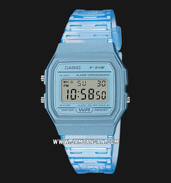 Casio General F-91WS-2DF Digital Dial Light Blue Clear Rubber Band