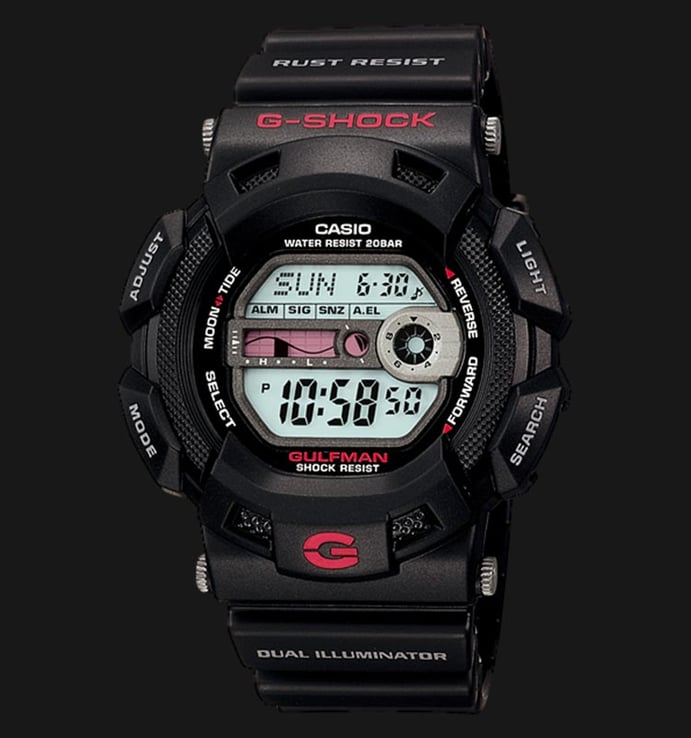 Casio G-Shock Gulfman G-9100-1DR Men WR 200M Tide Graph Digital Black Resin Band