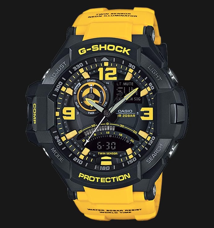 Casio G-Shock Gravitymaster GA-1000-9BDR G-Aviation Twin Sensor Digital Compass - Yellow Resin Band