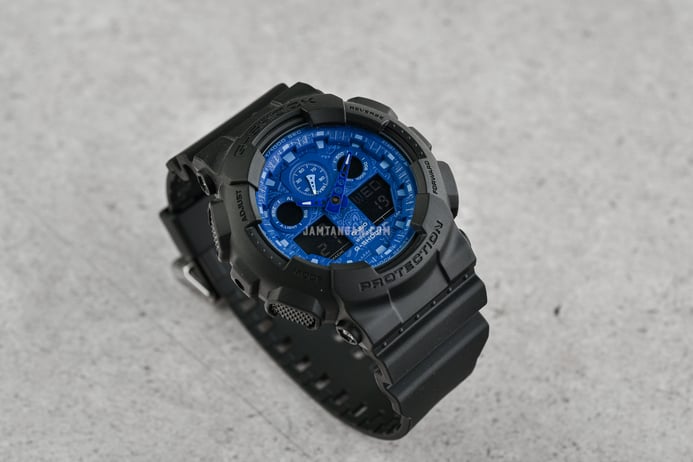 Casio G-Shock GA-100BP-1ADR Blue Paisley Series Digital Analog Striking Blue Dial Black Resin Band