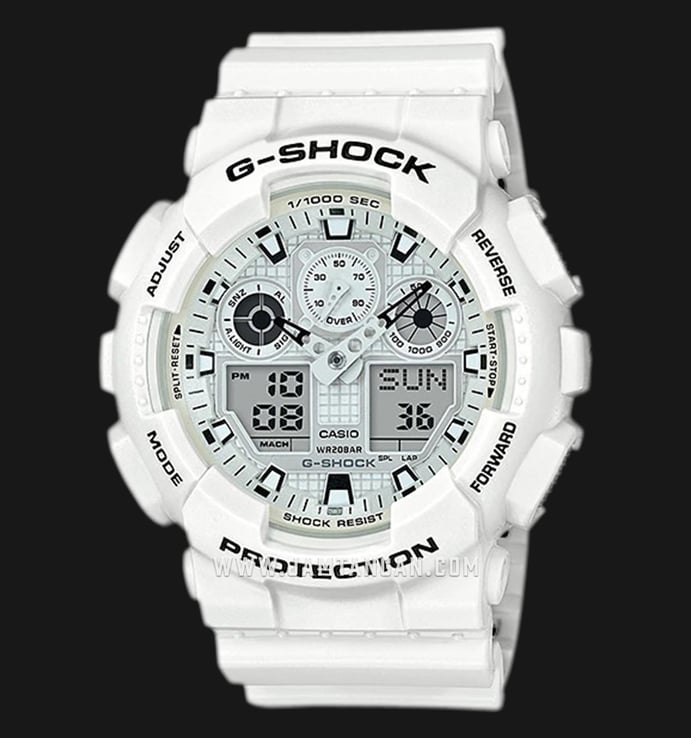 Casio G-Shock GA-100MW-7ADR Marine White Series Digital Analog Dial White Resin Band