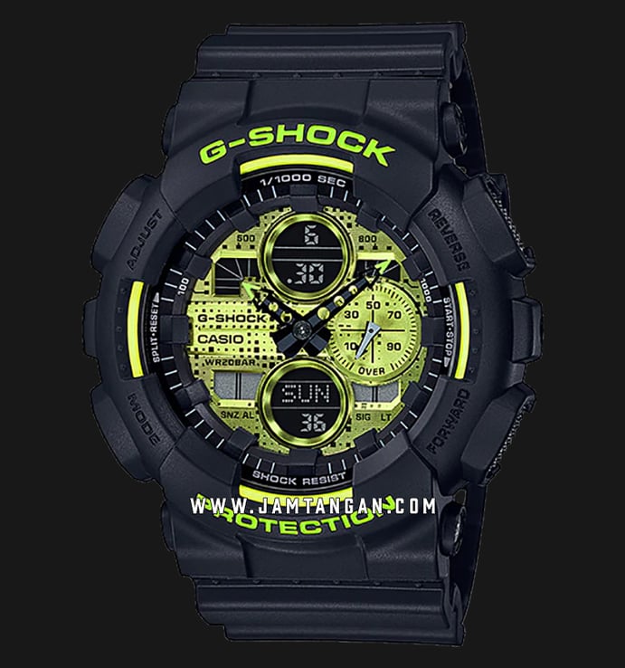 Casio G-Shock GA-140DC-1ADR Yellow Neon Digital Analog Dial Black Resin Band