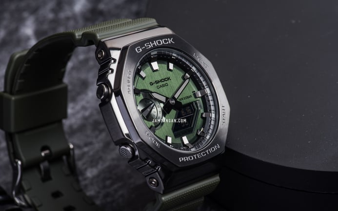 Casio G-Shock GM-2100B-3ADR CasiOak Metal Covered Green Analog Digital Dial Green Olive Resin Band