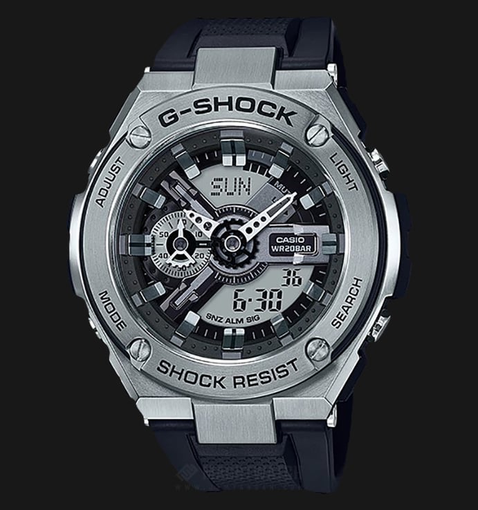 Casio G-Shock G-Steel GST-410-1ADR Silver Digital Analog Dial Black Resin Strap