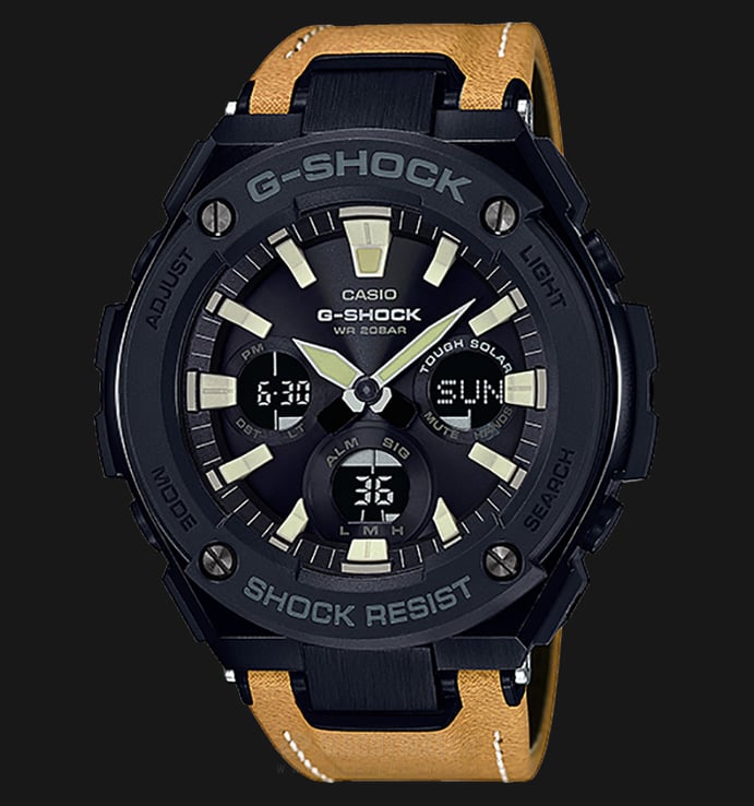 Casio G-Shock GST-S120L-1BDR G-Steel Black Digital Analog Dial Tan Tough Leather Strap