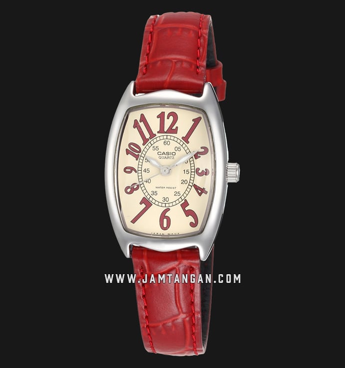 Casio LTP-1208E-9B2DF Ladies Analog Beige Dial Red Leather Strap