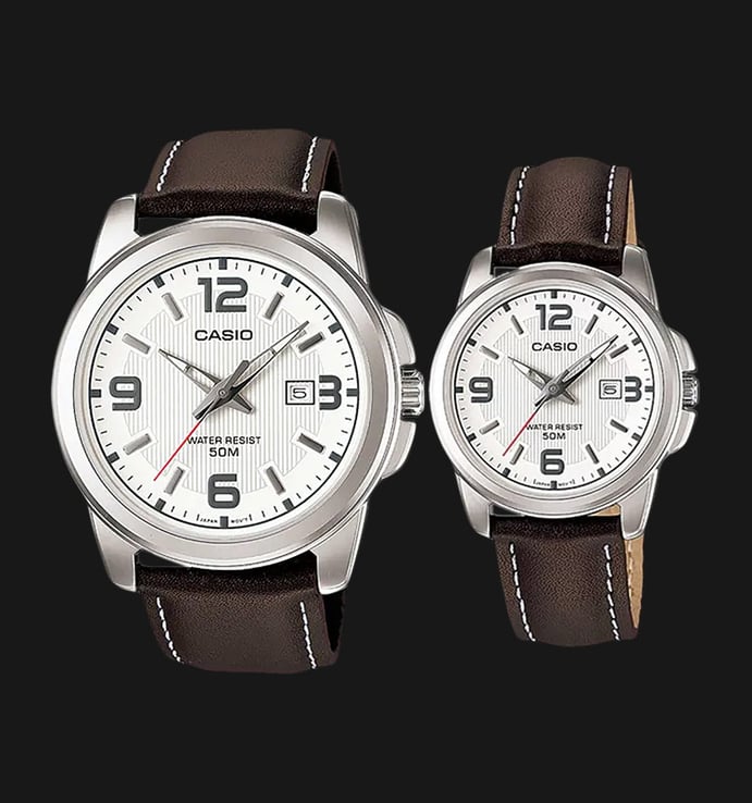 Casio General LTP-1314L-7AVDF_MTP-1314L-7AVDF Couple White Dial Dark Brown Leather Band