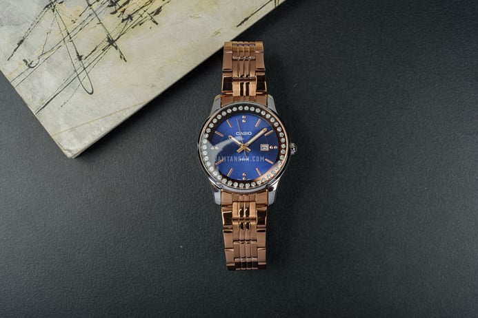 Casio General LTP-1358R-2AVDF Enticer Ladies Blue Dial Rose Gold Stainless Steel Strap