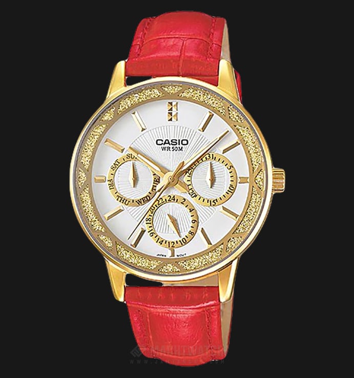 Casio LTP-2087GL-4AVDF - Enticer Ladies - White Dial Gold Ion Plated Red Leather Strap