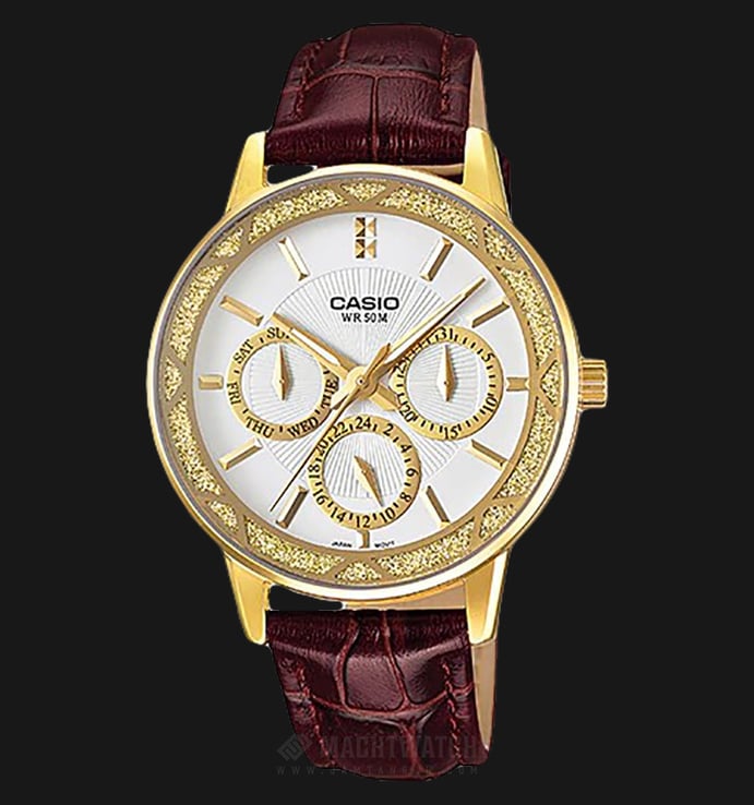 Casio LTP-2087GL-5AVDF - Enticer Ladies - White Dial Gold Ion Plated Brown Leather Strap