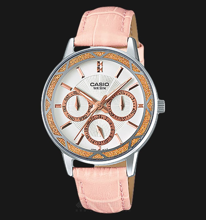 Casio General LTP-2087L-4AVDF Enticer Ladies White Dial Ion Plated Pink Leather Strap