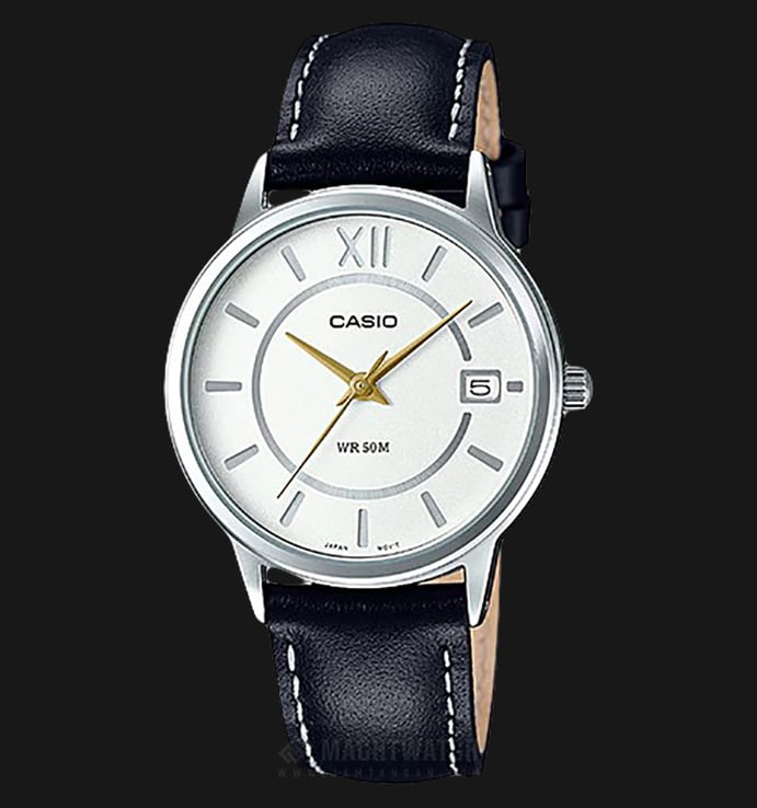 Casio LTP-E134L-1BVDF - Enticer Ladies - White Dial Ion Plated Black Leather Strap