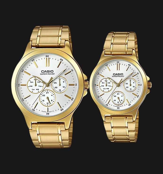 Casio General LTP-V300G-7AUDF_MTP-V300G-7AUDF Couple Silver Dial Gold Stainless Steel Band